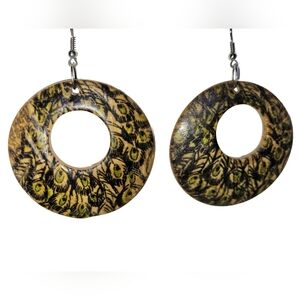 Resin Boho Peacock Dangle Circle Earrings In Yellow, Green, & Black